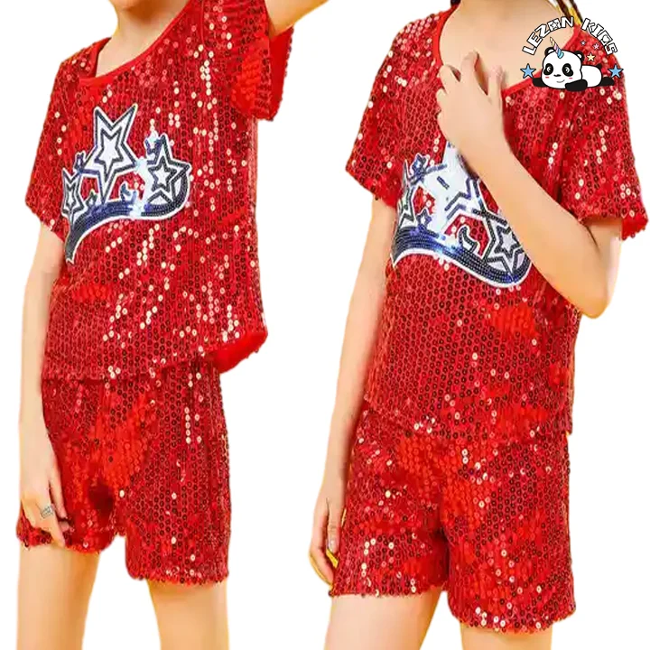 LEZONKIDS - 2024 Hot Sale Summer Autumn Performance Sequin Patches Hip Hop Cheer Leading Boys and Girls Clothing Sets